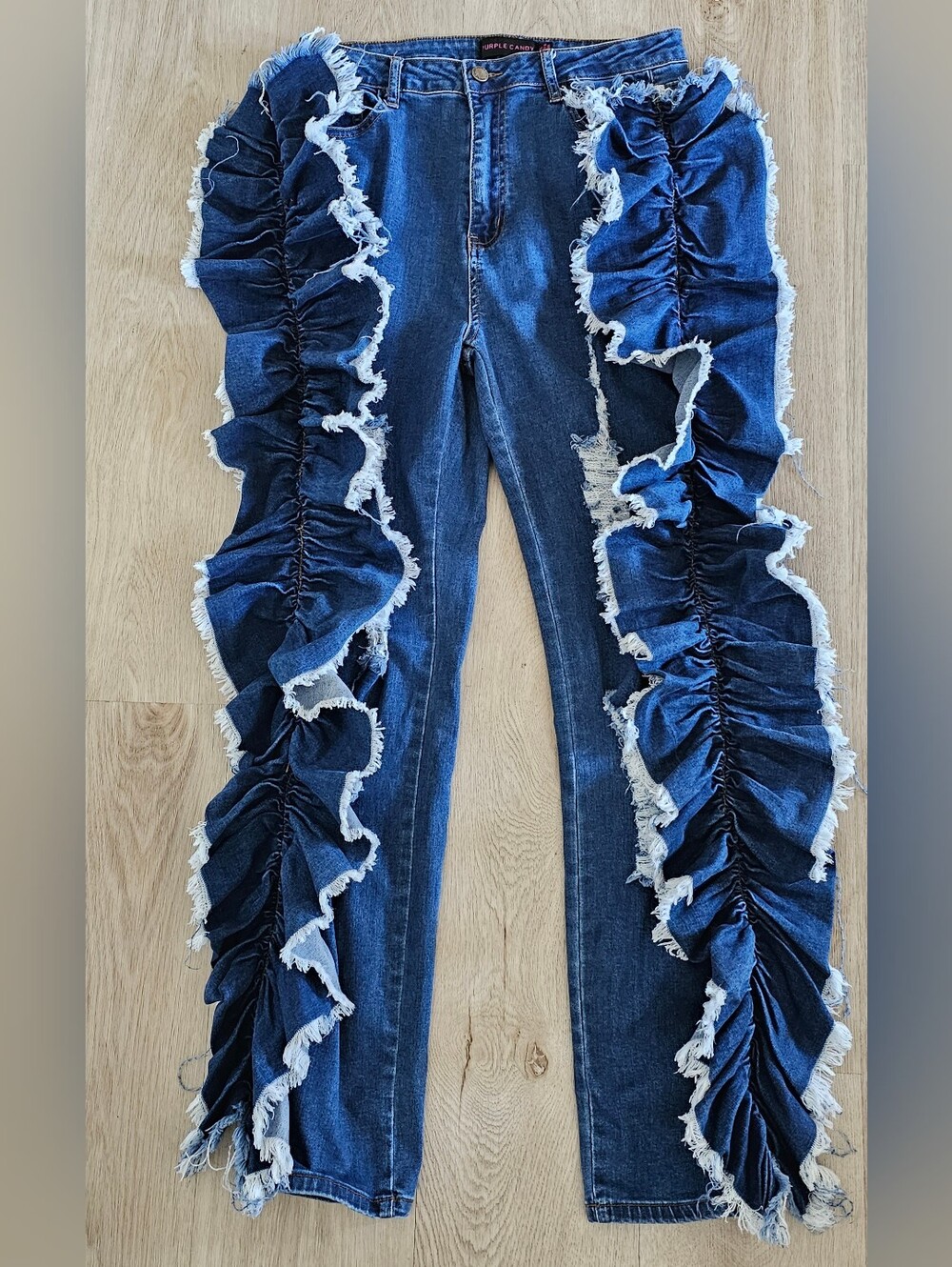 Purple Candy XL Ruffle Distressed Denim Jeans Statement Y2K
